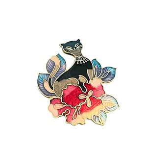 Vintage 1970s Cloisonné Cat & Orchid Brooch — Blue, Purple, Red & Gold
